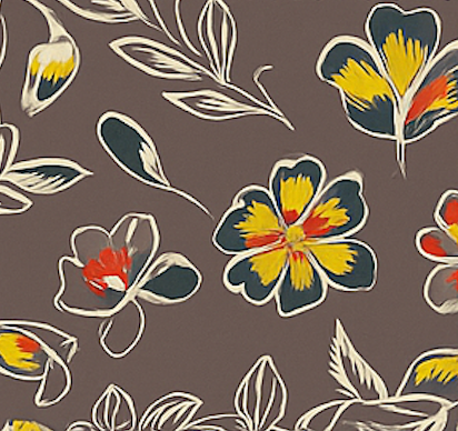 Floral pattern with colorful flowers and leaves on a brown background