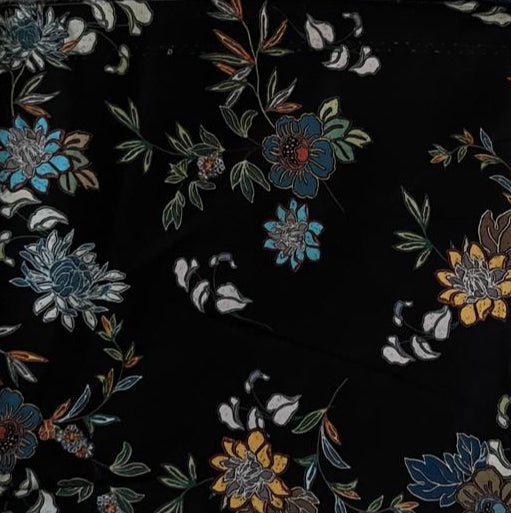 Folded Black Multi-Color Scattered Floral Digital Print Cotton Fabric, showing vibrant blossoms, ideal for sustainable dresses, men's shirts, and colorful home decor.