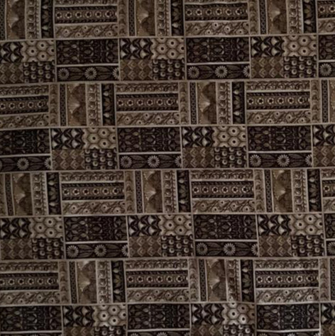Folded Brown and Beige Tiled Geometric Digital Print Cotton Fabric, showing intricate patchwork patterns, ideal for sustainable men's shirts, dresses, and earthy home decor.