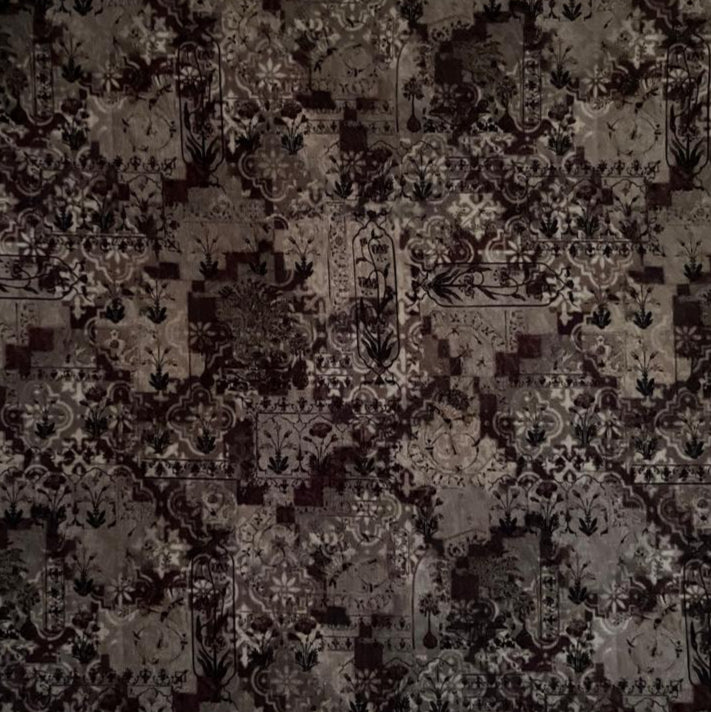 Folded Aubergine and Grey Ornate Damask Digital Print Cotton Fabric, showing intricate patterns, ideal for sustainable men's shirts, dresses, and luxurious home decor.