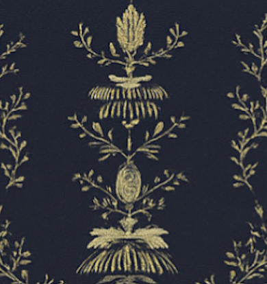 Decorative pattern of a tower and foliage on a dark background