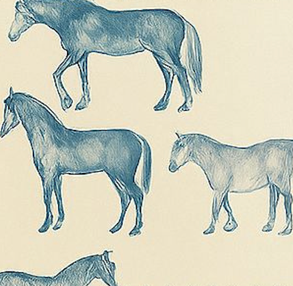 Pattern of blue horses on a beige background