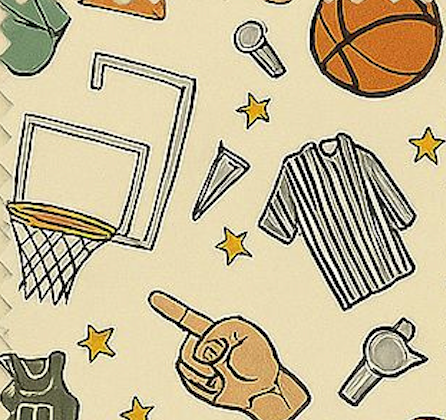 Pattern of basketball-related items including a ball, hoop, jersey, and stars on a beige background.