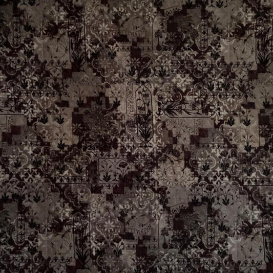 Folded Aubergine and Grey Ornate Damask Digital Print Cotton Fabric, showing intricate patterns, ideal for sustainable men's shirts, dresses, and luxurious home decor.