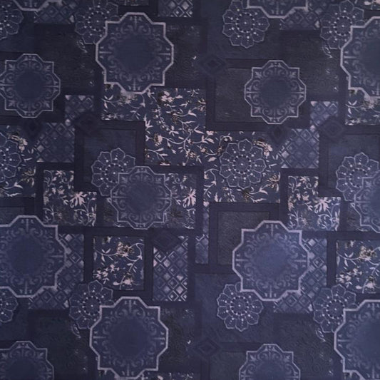 Folded Dark Blue Ornate Medallion Tile Digital Print Cotton Fabric, showing intricate traditional patterns, ideal for sustainable dresses, men's shirts, and luxurious home decor.