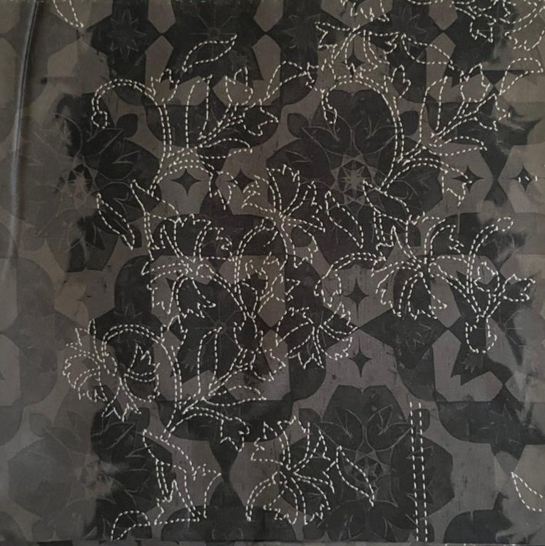 Folded Grey Abstract and White Dashed Floral Digital Print Cotton Fabric, showing a unique layered pattern, ideal for sustainable dresses, men's shirts, and modern home decor.