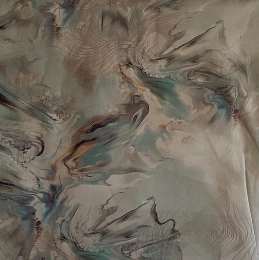 Folded Teal and Grey Abstract Fluid Digital Print Cotton Fabric, showing a swirling water color-like pattern, ideal for sustainable dresses, men's shirts, and artistic home decor.